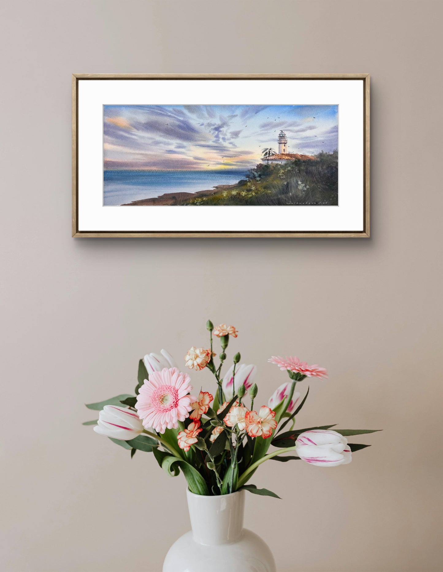 Coastal Lighthouse Watercolor Painting, Sunset Seascape Wall Art, Lighthouse at sunset #7, 6x15 in