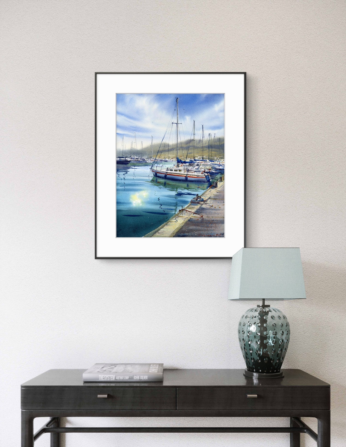 Original Watercolor Painting, Sailboat Marina Art, "Anchored in Silence" - 12 x 16 in