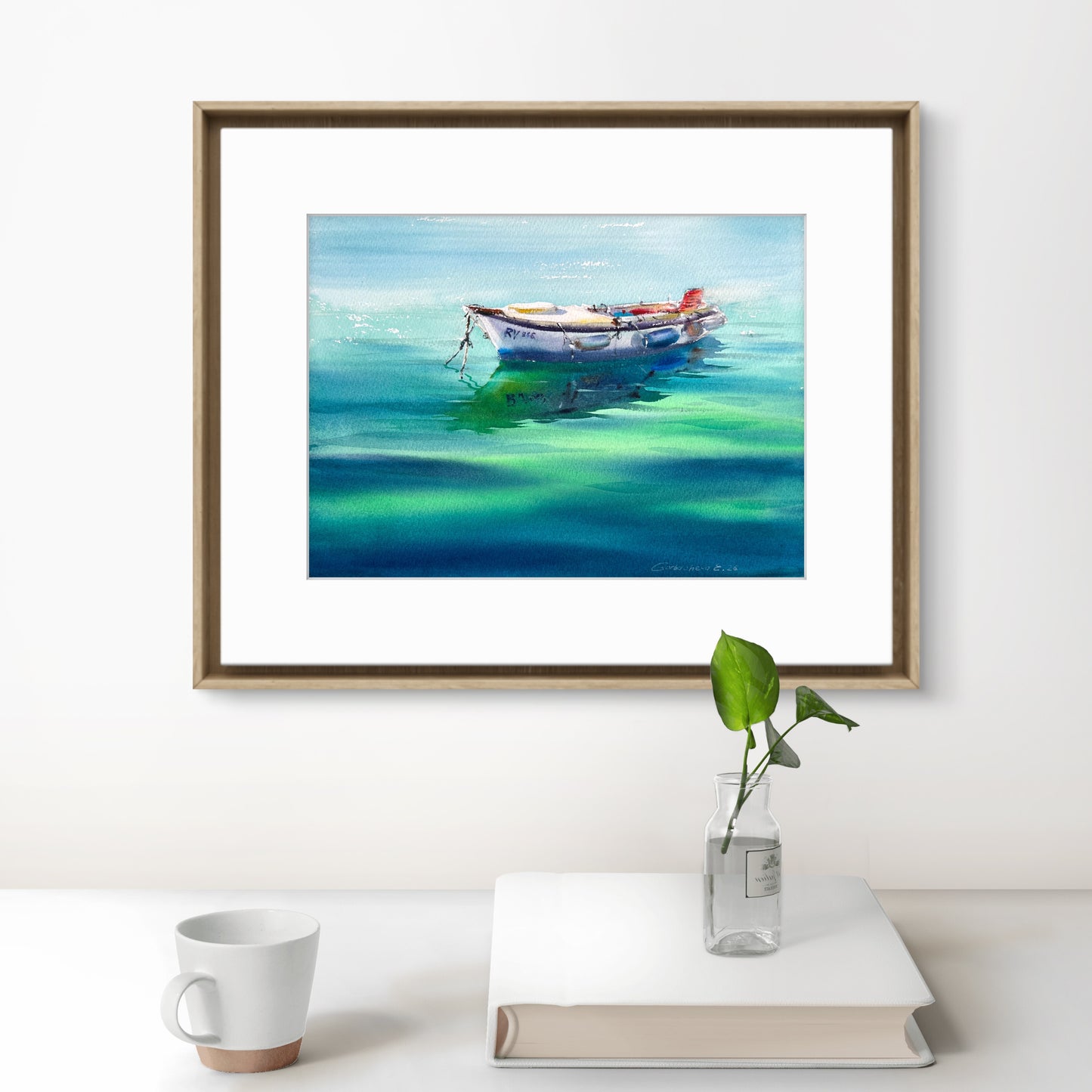 Motorboat Painting Watercolor Original,  Fishing Boat, Boat in the Emerald Silence 9x12
