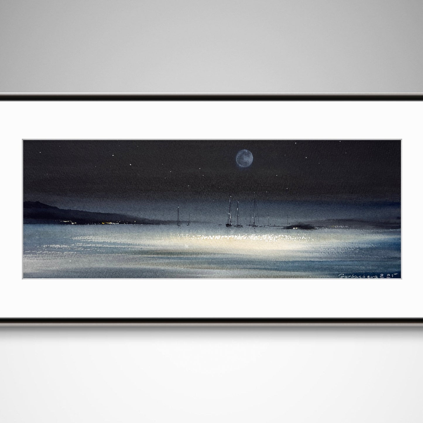 Original Watercolor, Night Seascape Painting, Serenity Under the Moon 6x15 in
