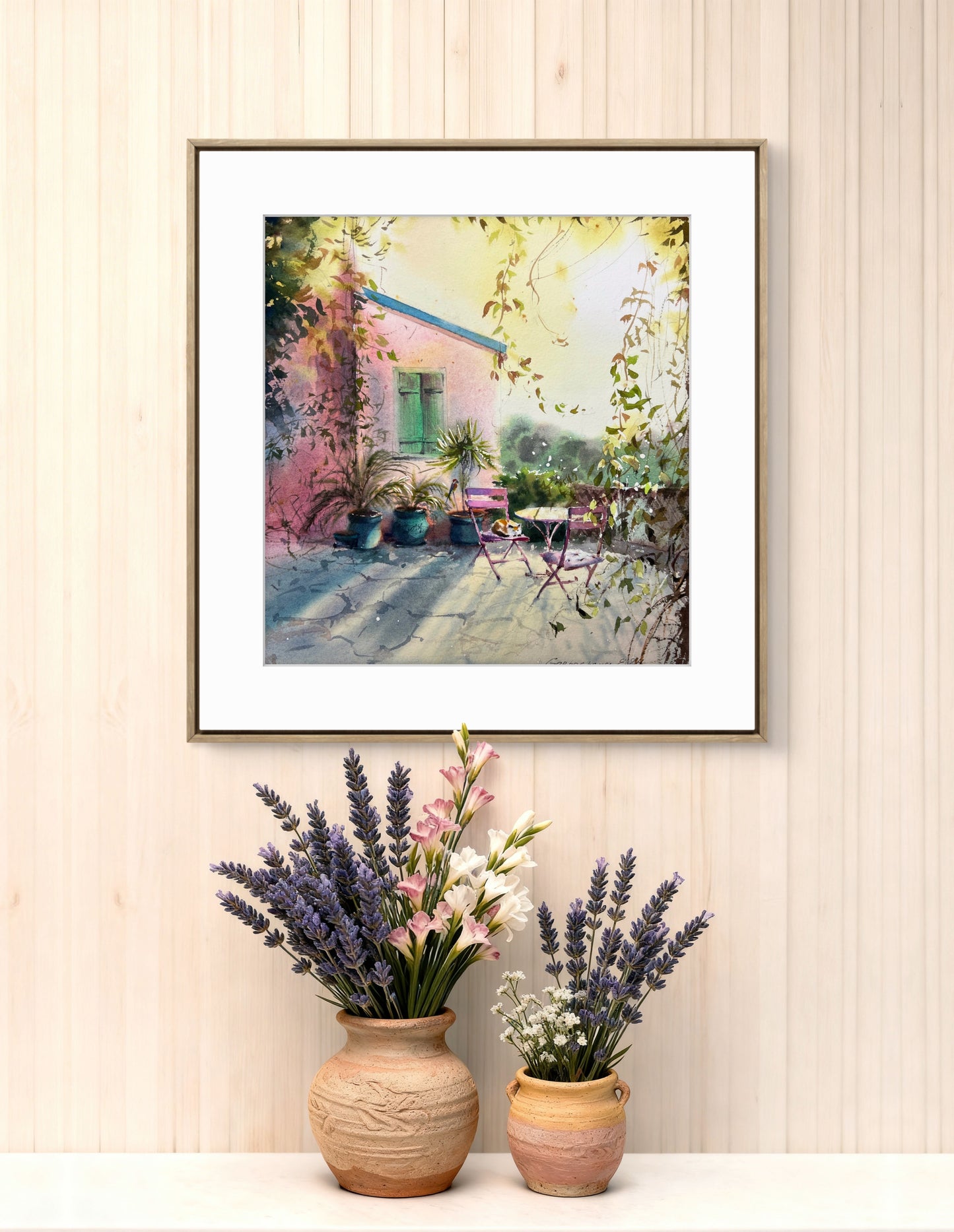 Cyprus Cafe Watercolor Painting, Sunlit Cyprus Corner 12x13