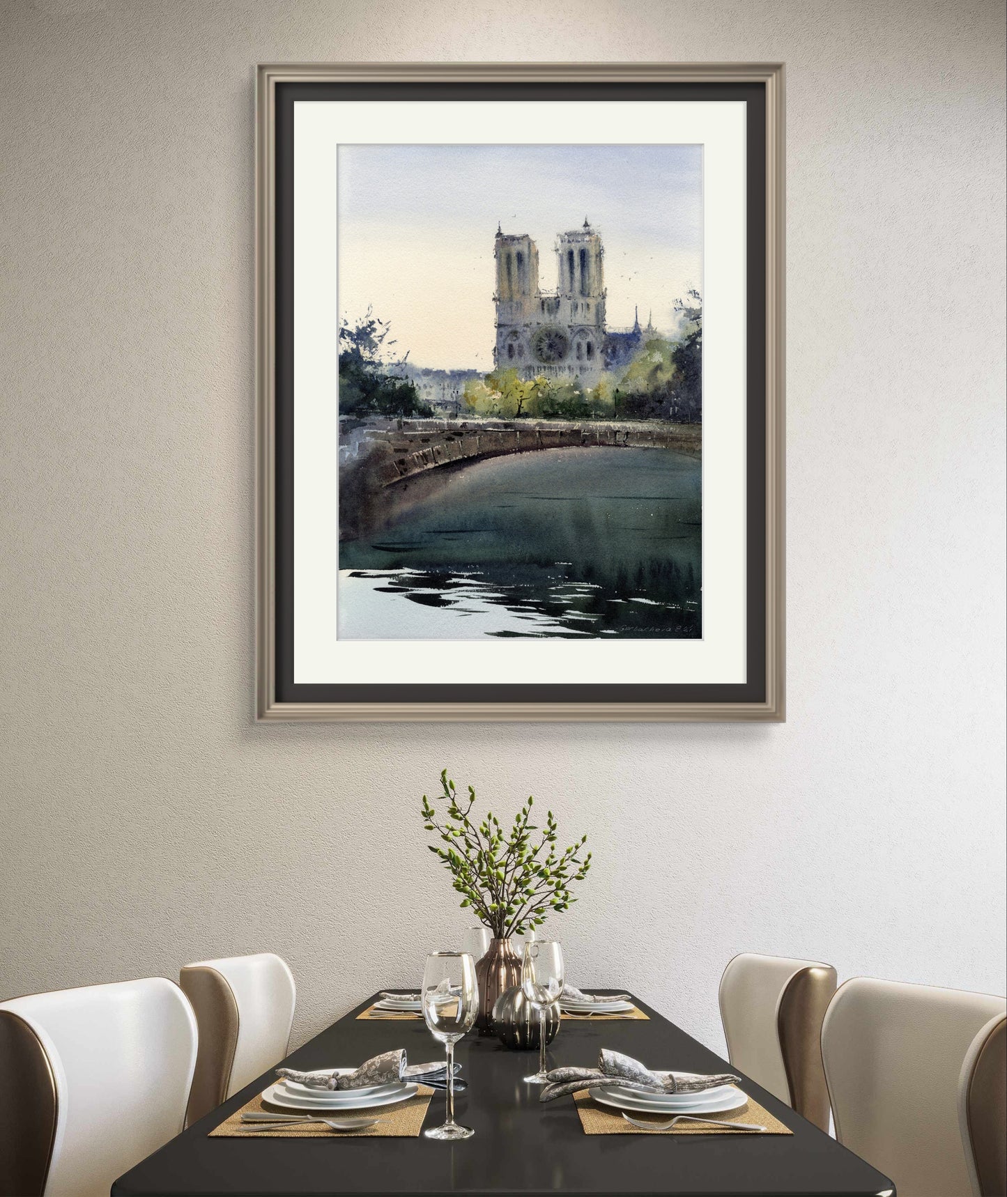 Giclee Print: Notre Dame de Paris Watercolor Painting by the Seine River