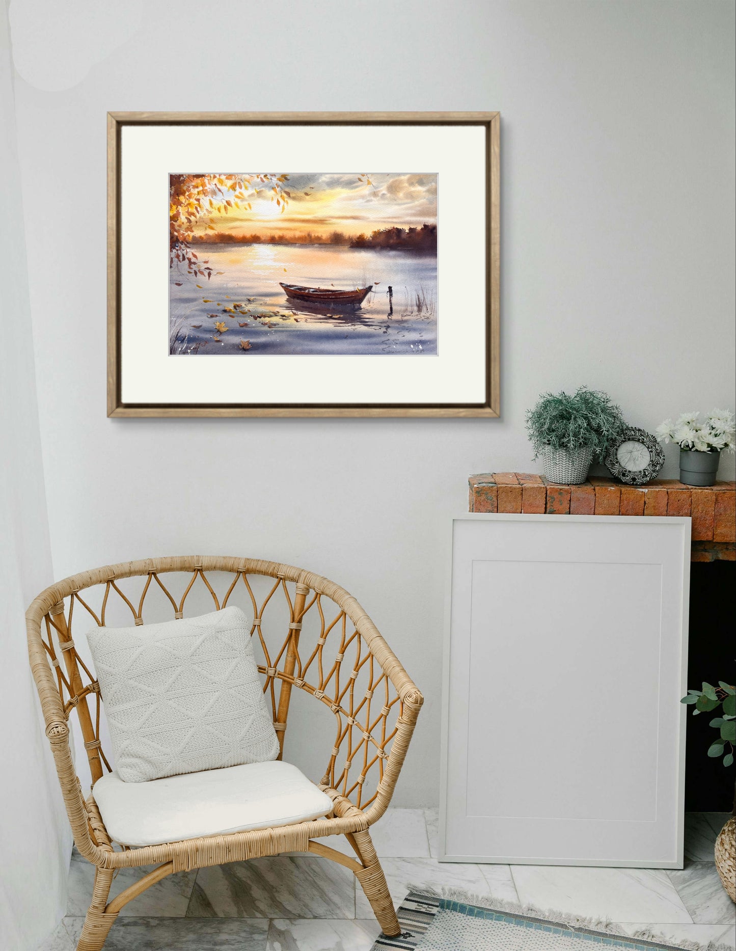 Tranquil Lake Painting: 'Autumn Sunset Boat' Watercolor Original