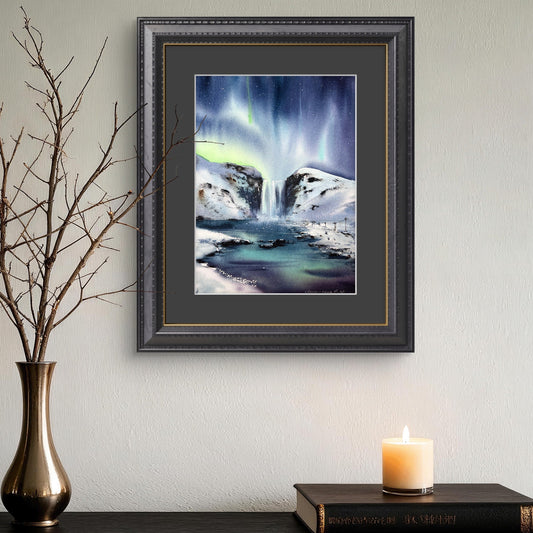 Northern Lights Waterfall Painting, Original Winter Landscape Watercolor Painting, Polar Night Jewel 9x12