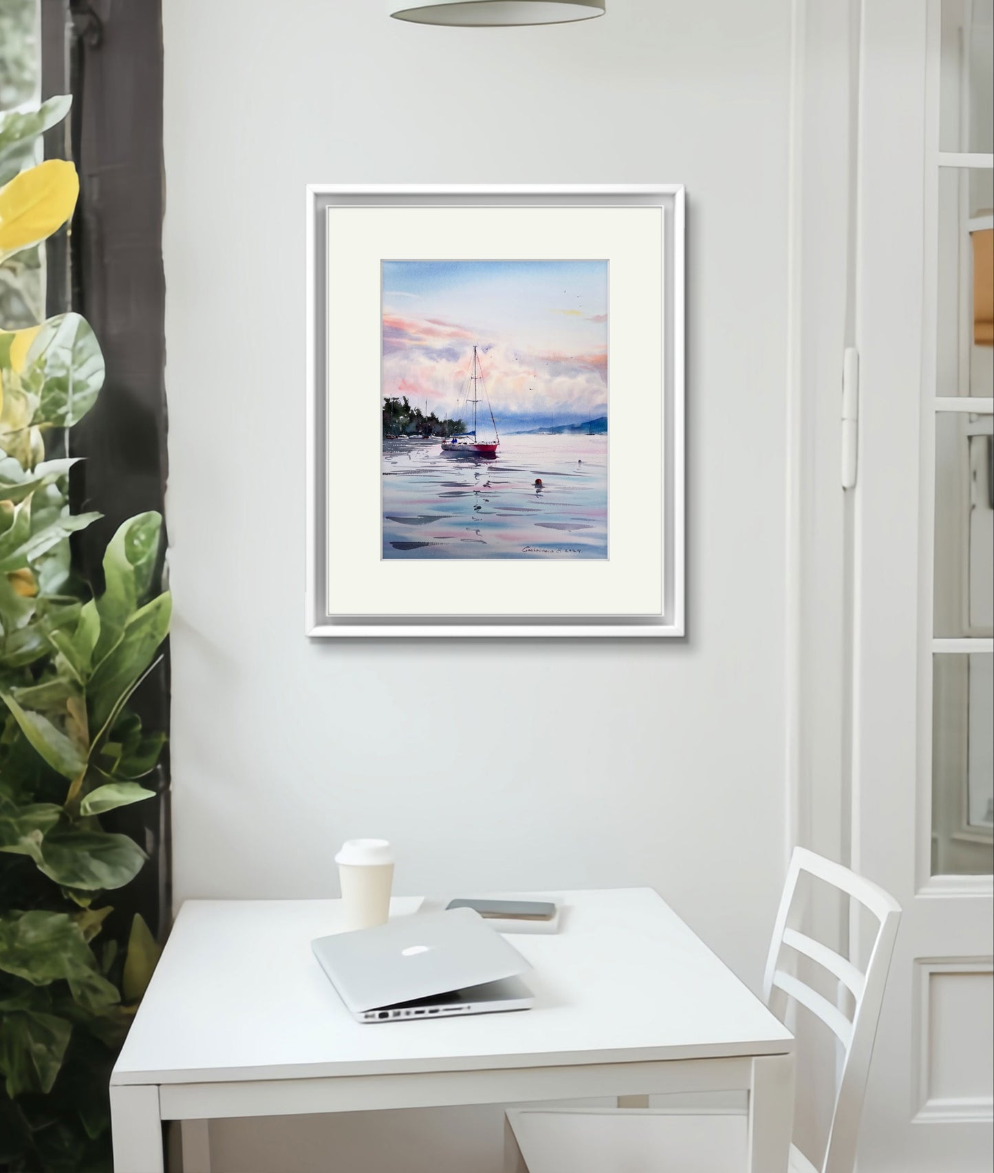 Yacht and Pink Dawn #3 Watercolor Painting - Nautical Wall Decor