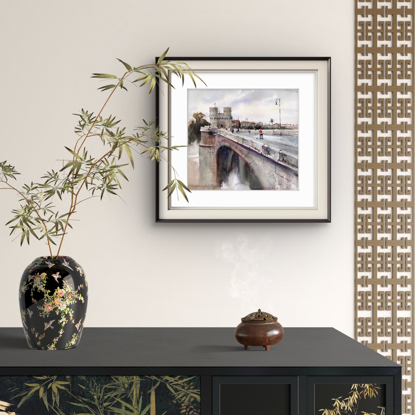 Valencia Watercolor Painting Print, Historic Bridge Torres de Serranos, Valencia Dreaming Towers 14x14.4