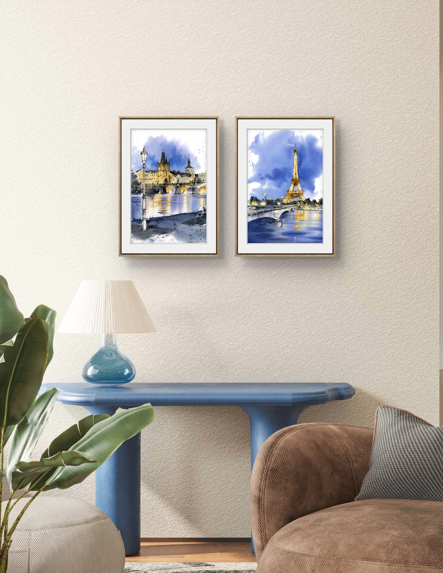 Charles Bridge Prague Watercolor Painting, Old Town Tower Art, Golden Prague Echo 9x12 in