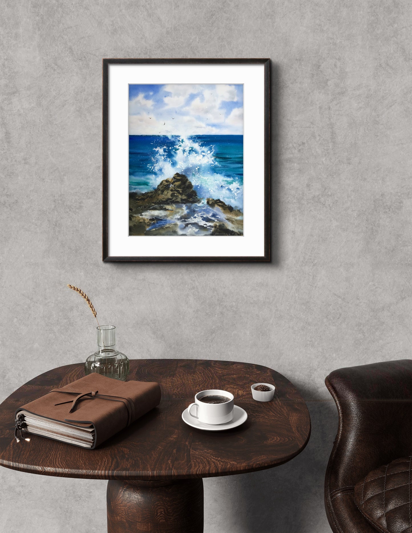 Watercolor original painting "Waves and rocks #11", 12x16