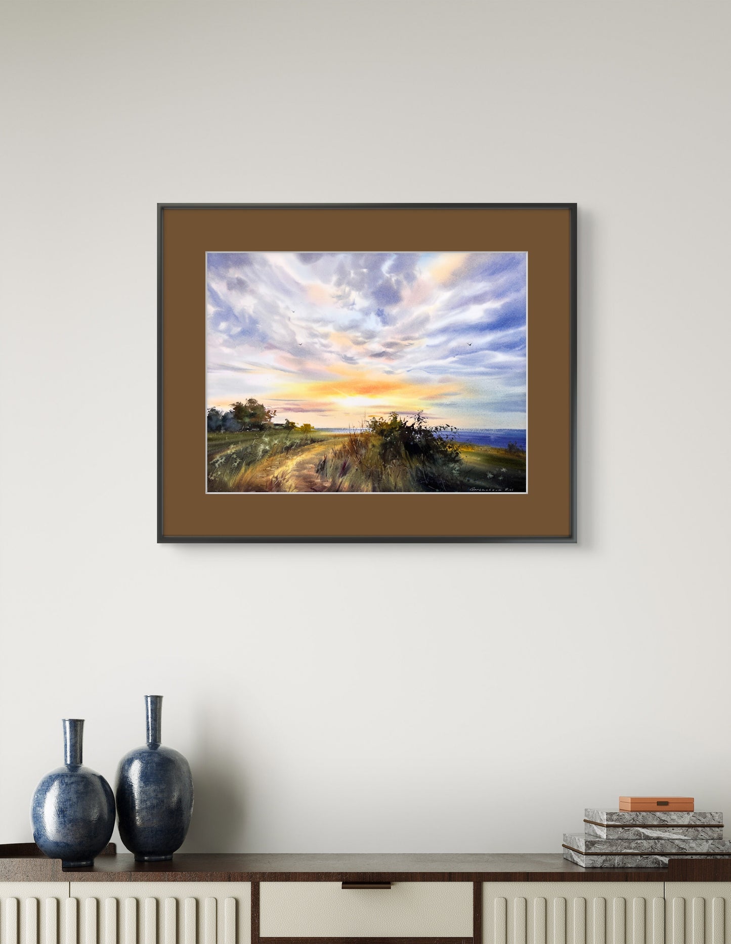 Original Cyprus Coast Watercolor Painting | Golden skyline of Cyprus 12x16 in