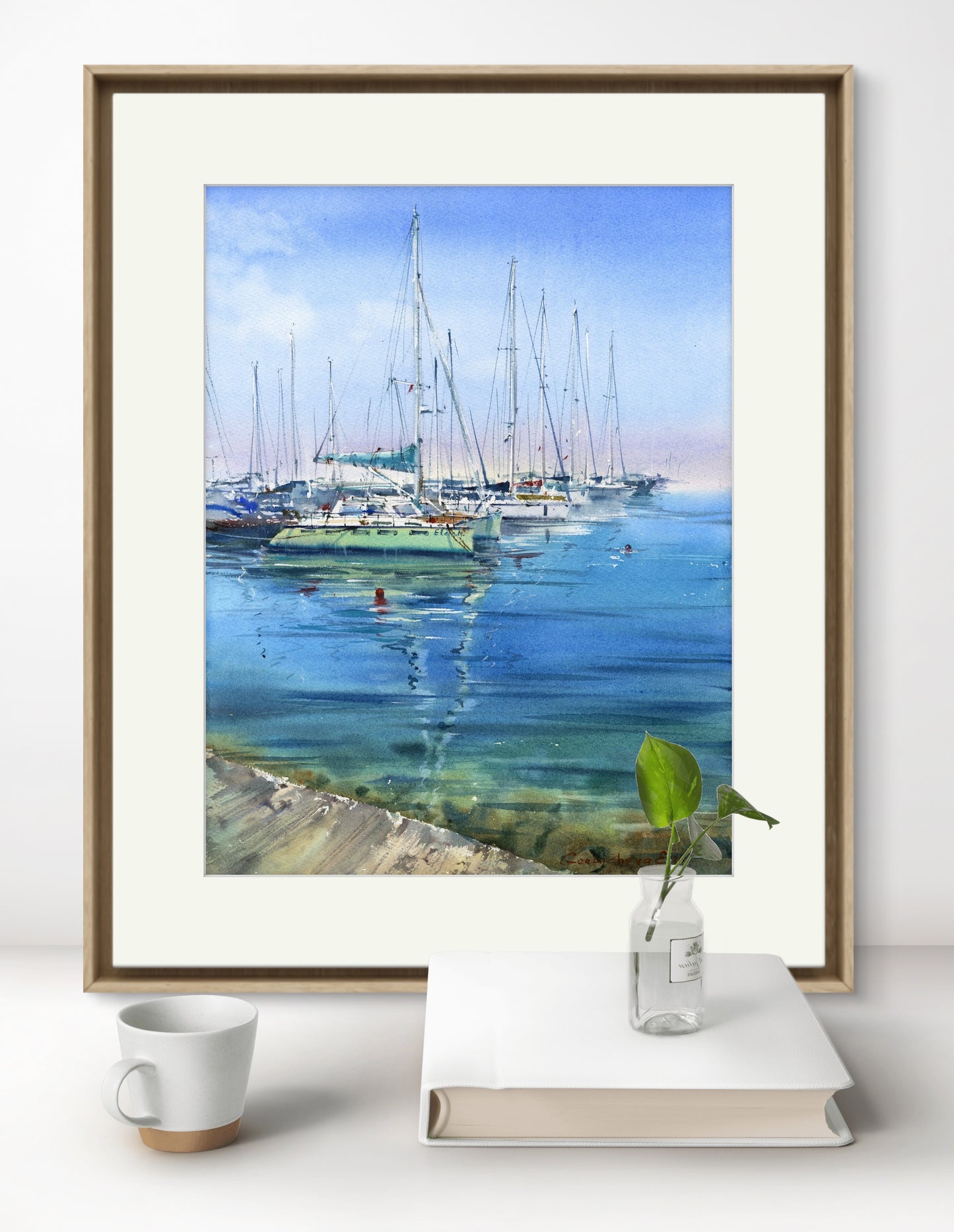 Yachts at Anchor #19 - Watercolor Painting - Blue Sea Marina Art