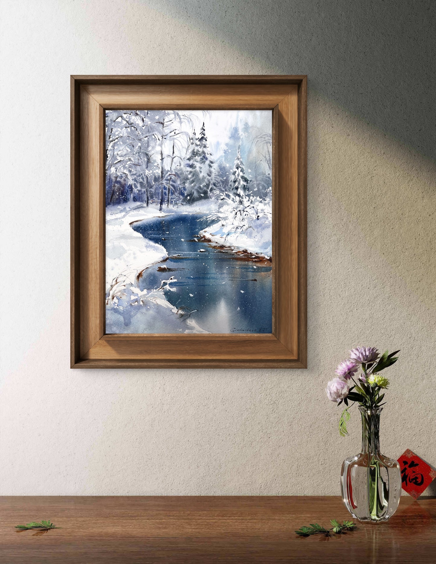 Original Winter Landscape Watercolor Painting, Snowy Forest River Art, Winter’s Quiet Heart 9x12 (Copy)