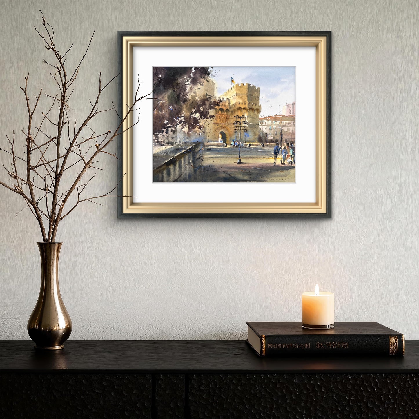 Valencia Watercolor Painting, Spanish Cityscape Art, Golden Gate Valencia 13x15 in