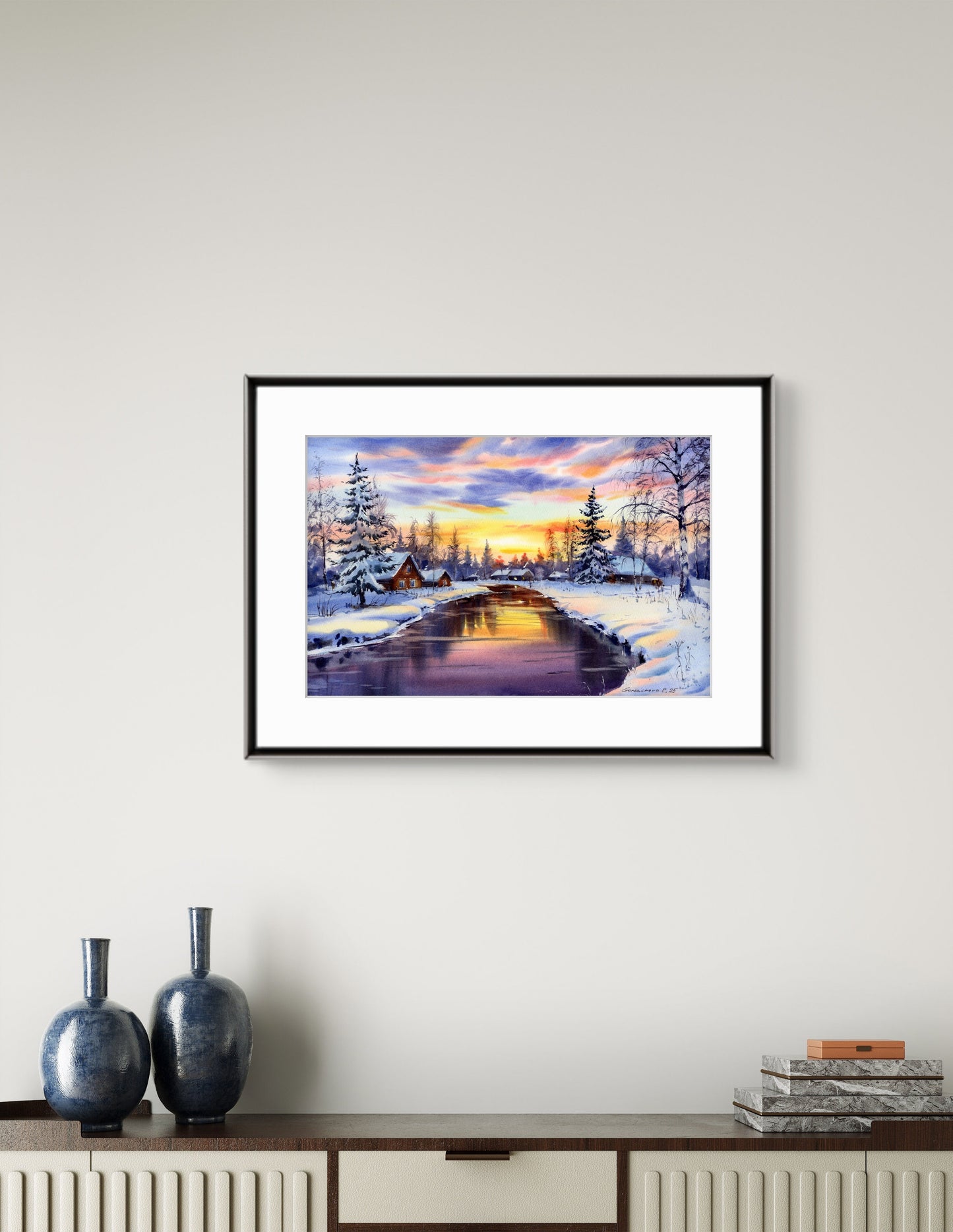 Watercolor Winter Landscape Original Painting | Snowy Sunset River Art 16x10 | Whispers of Winter Sunset