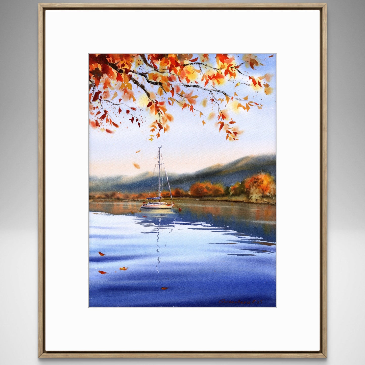 Original Sailboat Watercolor Painting, Autumn harbor- 11 x 15 in