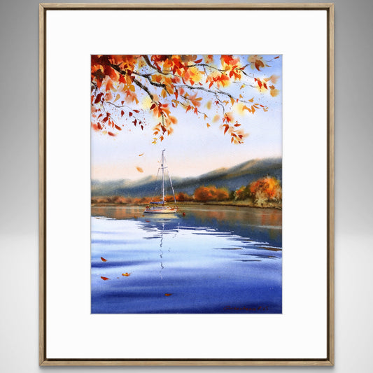 Original Sailboat Watercolor Painting, Autumn harbor- 11 x 15 in