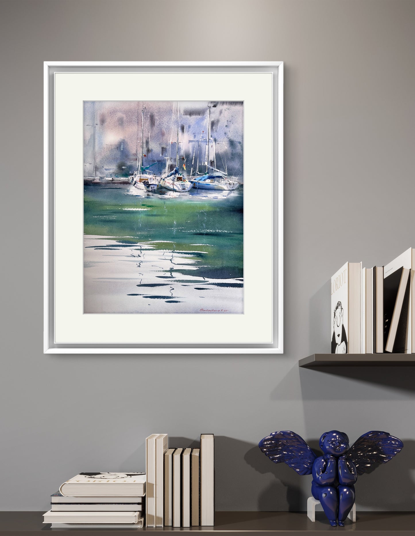 Watercolor art Original Sailboat Painting - Quiet Marina