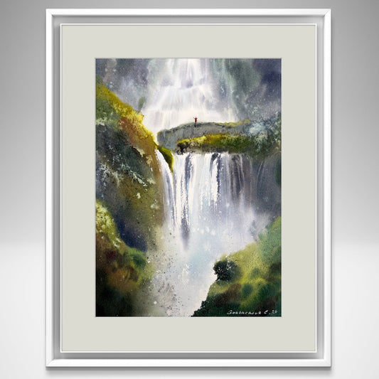 Watercolor Original Painting Icelandic Art - Iceland Waterfalls
