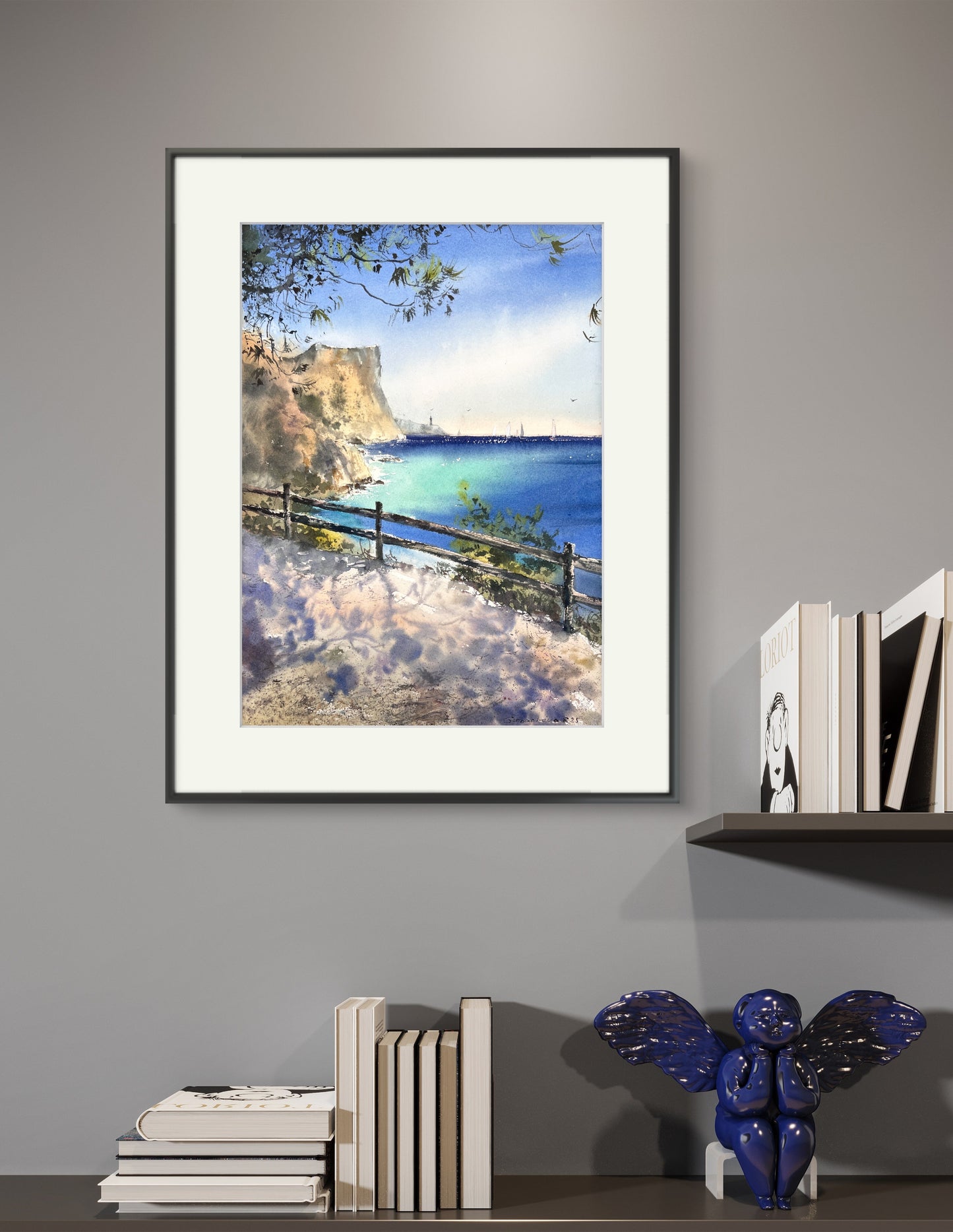 Seashore Art Handpainted Watercolor "Whispers of the Spanish Coast," Serene Coastal Wall Art for Home