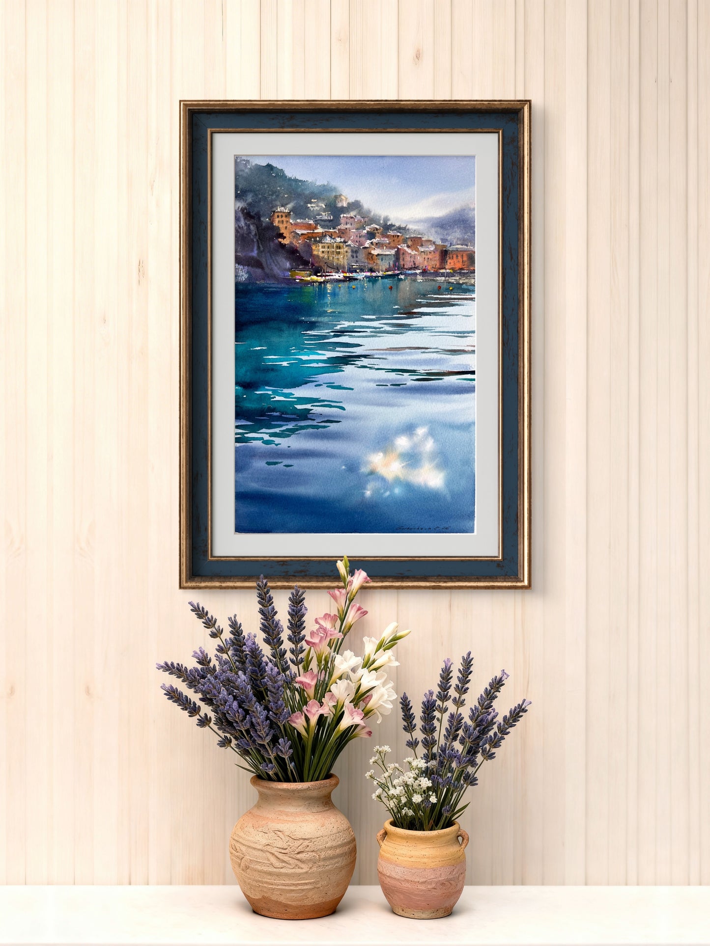 Camogli Italy Watercolor Painting, Coastal Harbor Art, Blue Italian Morning. Camogli 9x14