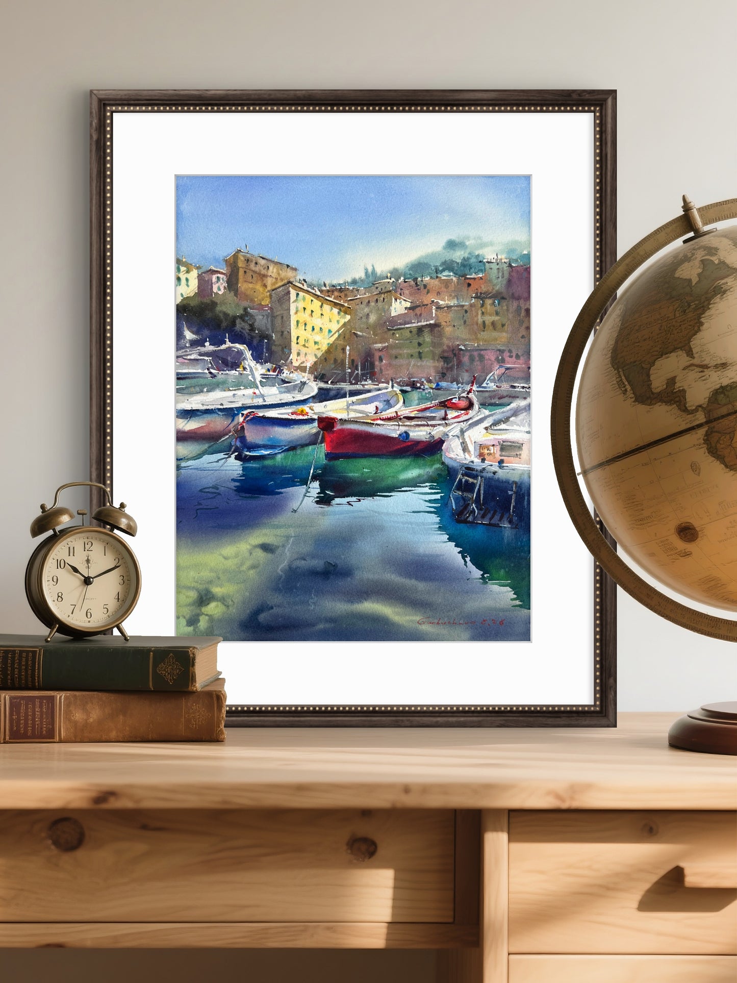 Original Camogli Italy Watercolor Painting | Italian Harbor Seascape | Morning in Camogli #2 12x16