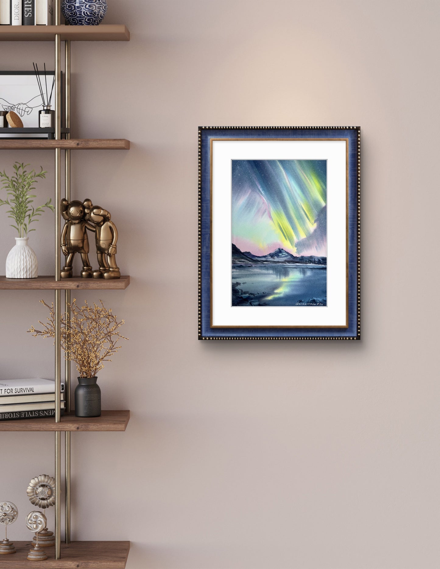 Snowy Landscape Painting Watercolor Original - Northern lights #54
