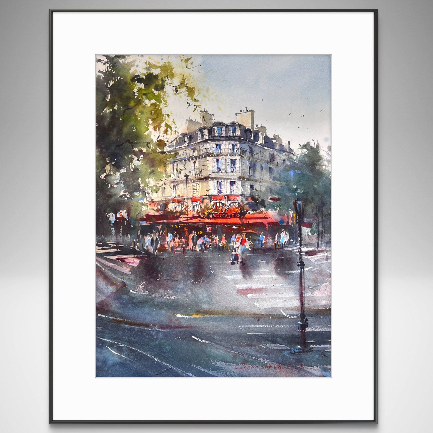 Paris Watercolor Painting French Cafe, Cafe Rouge Memories 15x20