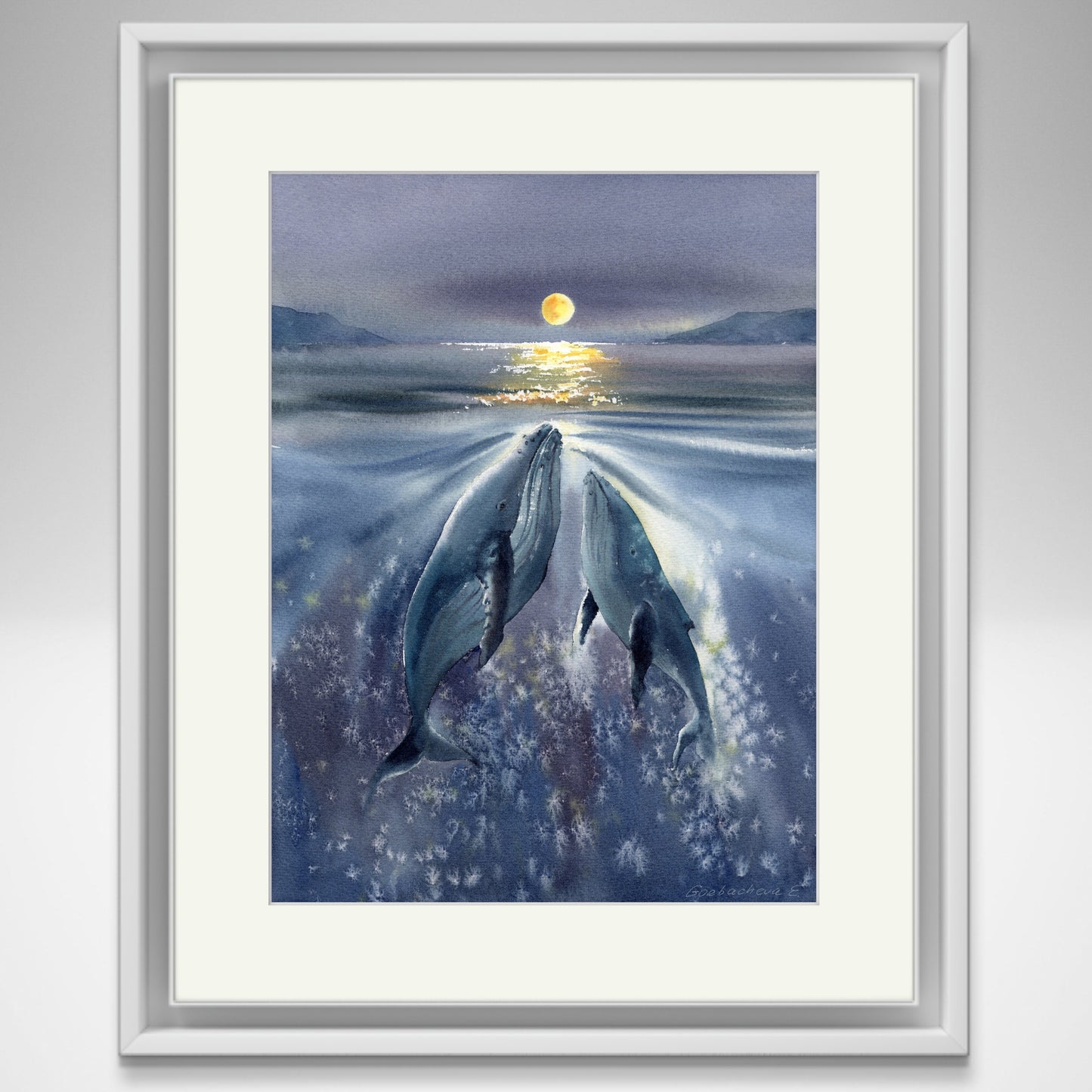 Whale Family Moonlight Watercolor Print - Whale Ocean Art