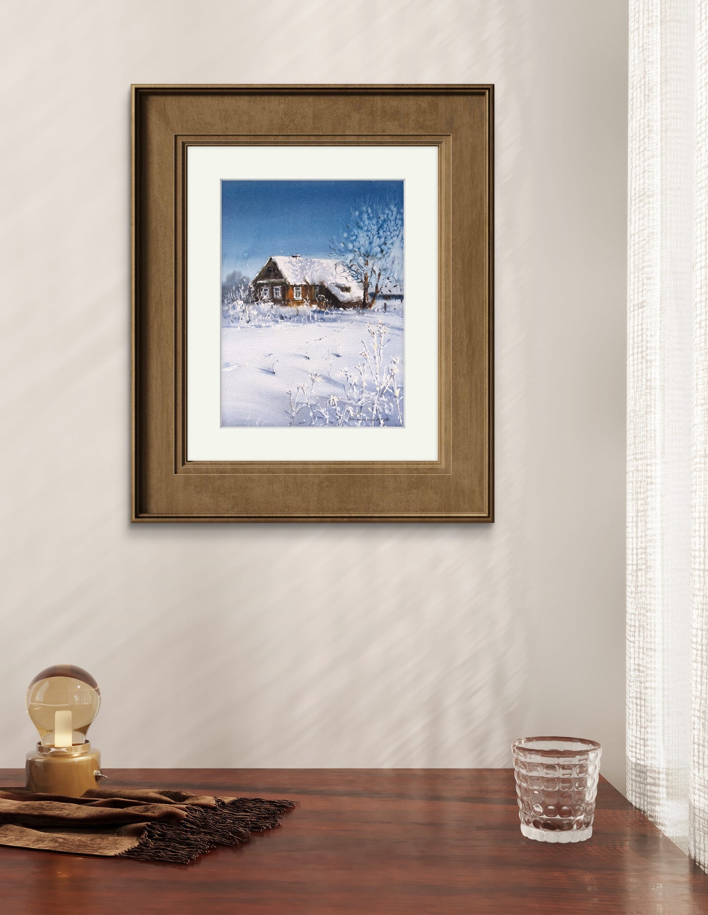 Original Frosty Morning Watercolor Painting - Winter morning, Village #4