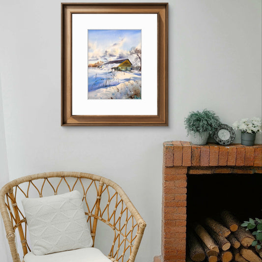 Winter Sun Watercolor Painting Snow Barn Landscape Original Art, Winter’s Warm Embrace 12x16
