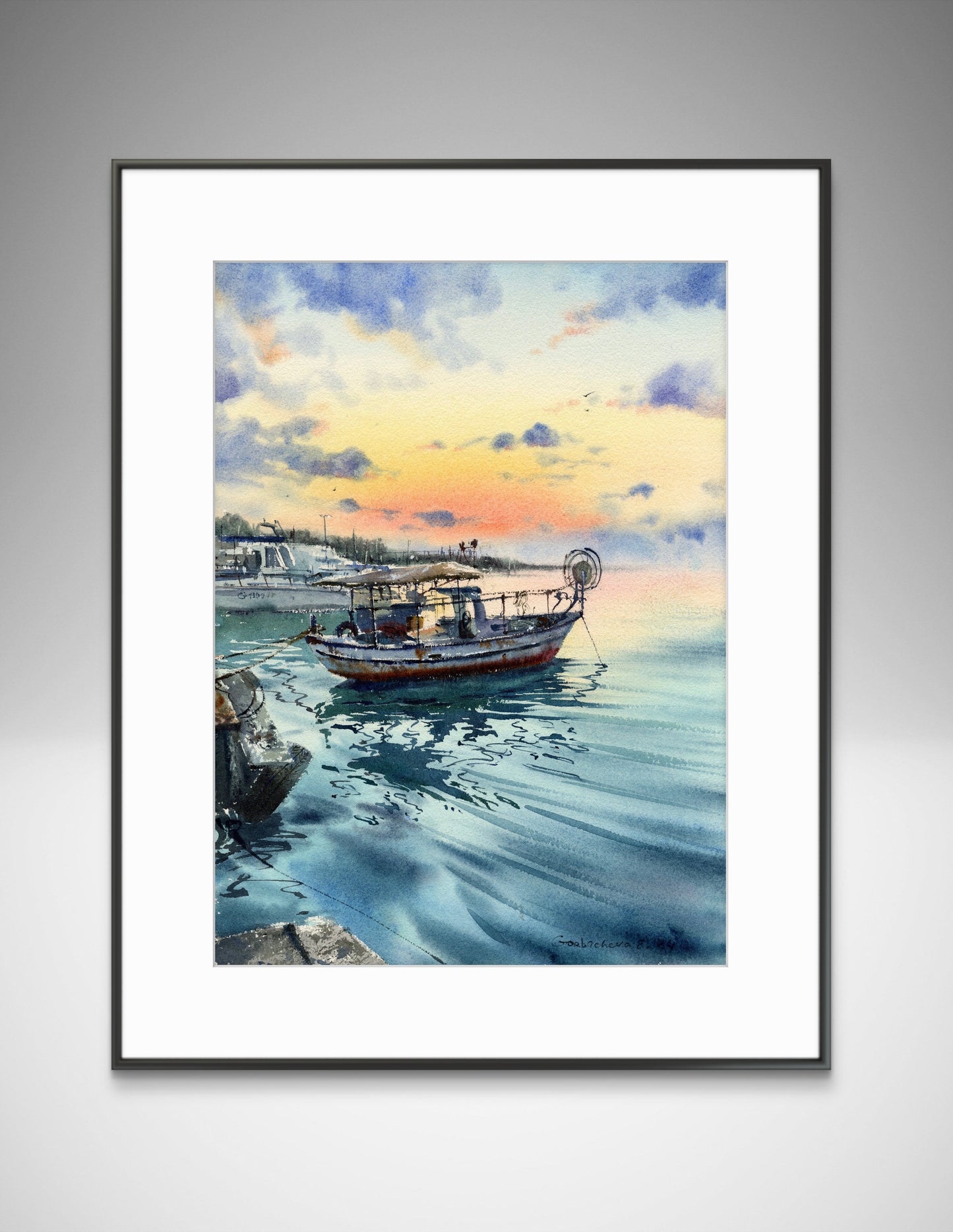 Original Fishing Boat Painting 'Boats on the Pier Sunset #3'