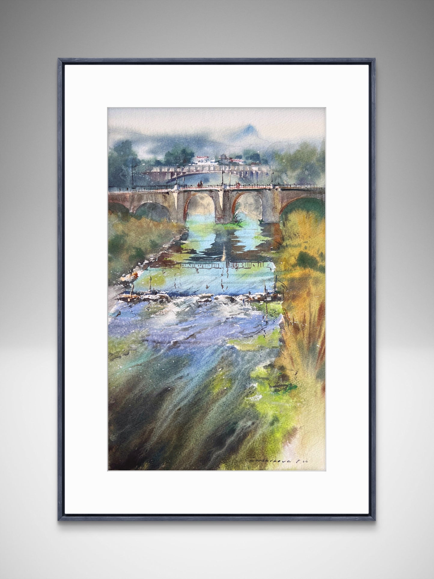 Spain Watercolor Landscape Bridge River Painting Original Art, Bridge of Quiet Waters Spain 9x15