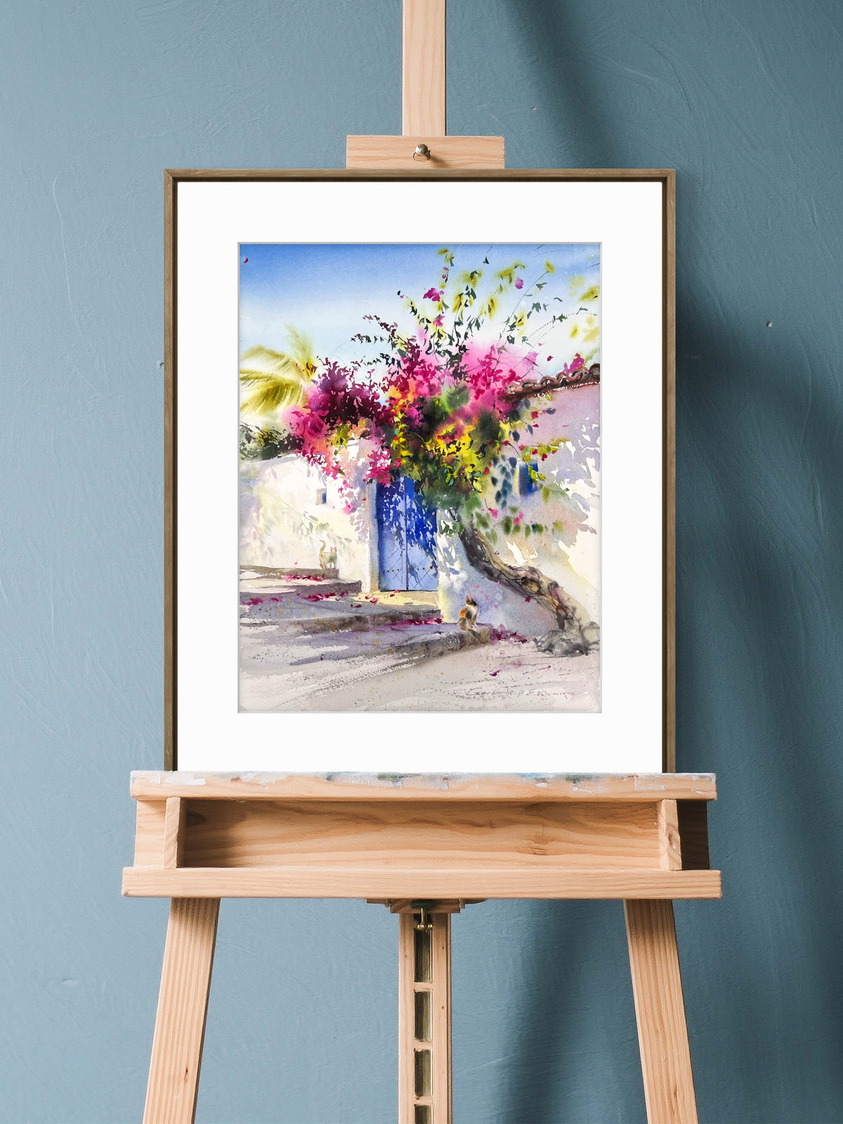 Mediterranean Watercolor Painting, Bougainvillea Art, Where Bougainvillea Blooms 12x16