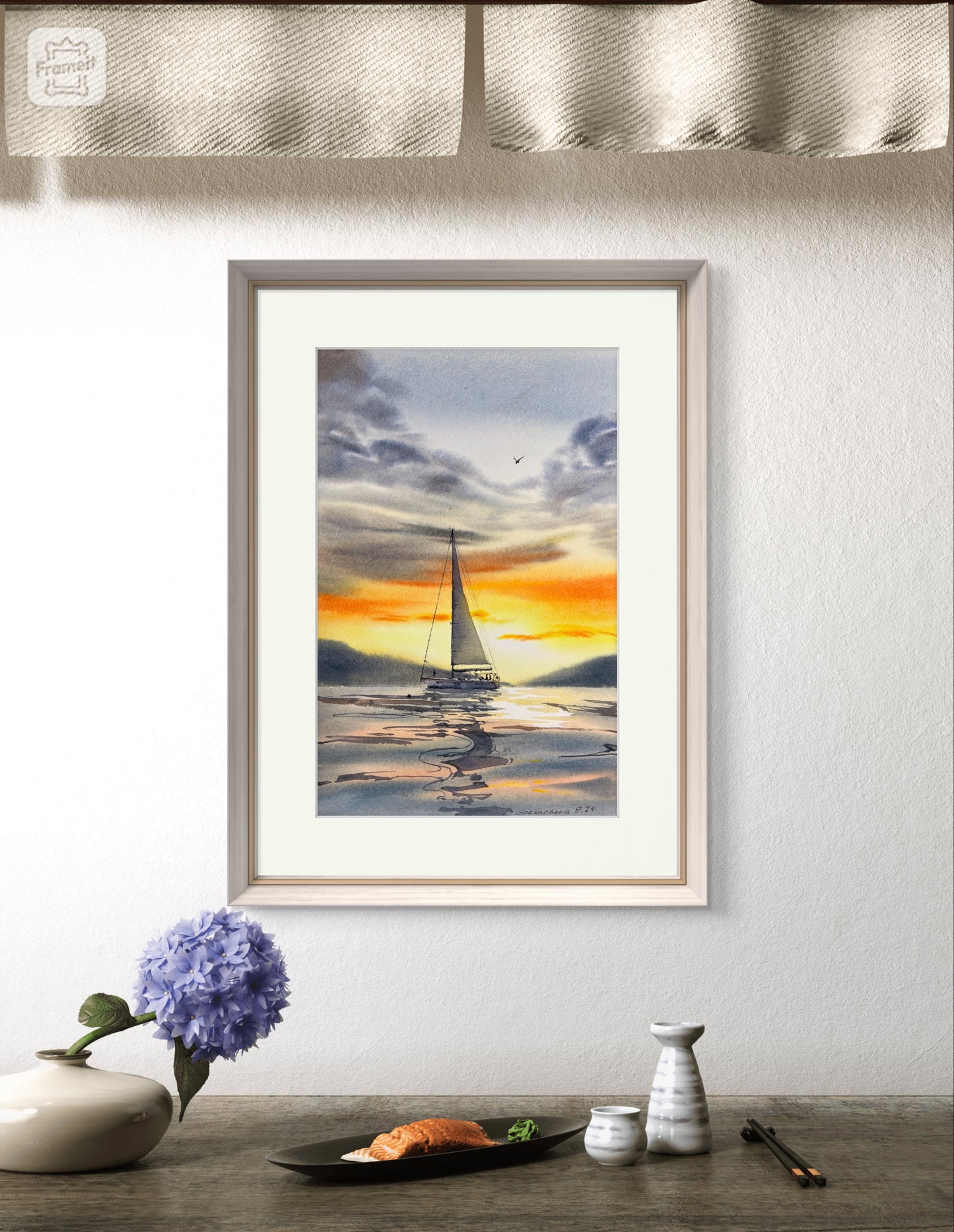 Seascape Painting Original Watercolor, Sailboat Coast Art - Yacht at sunset #15