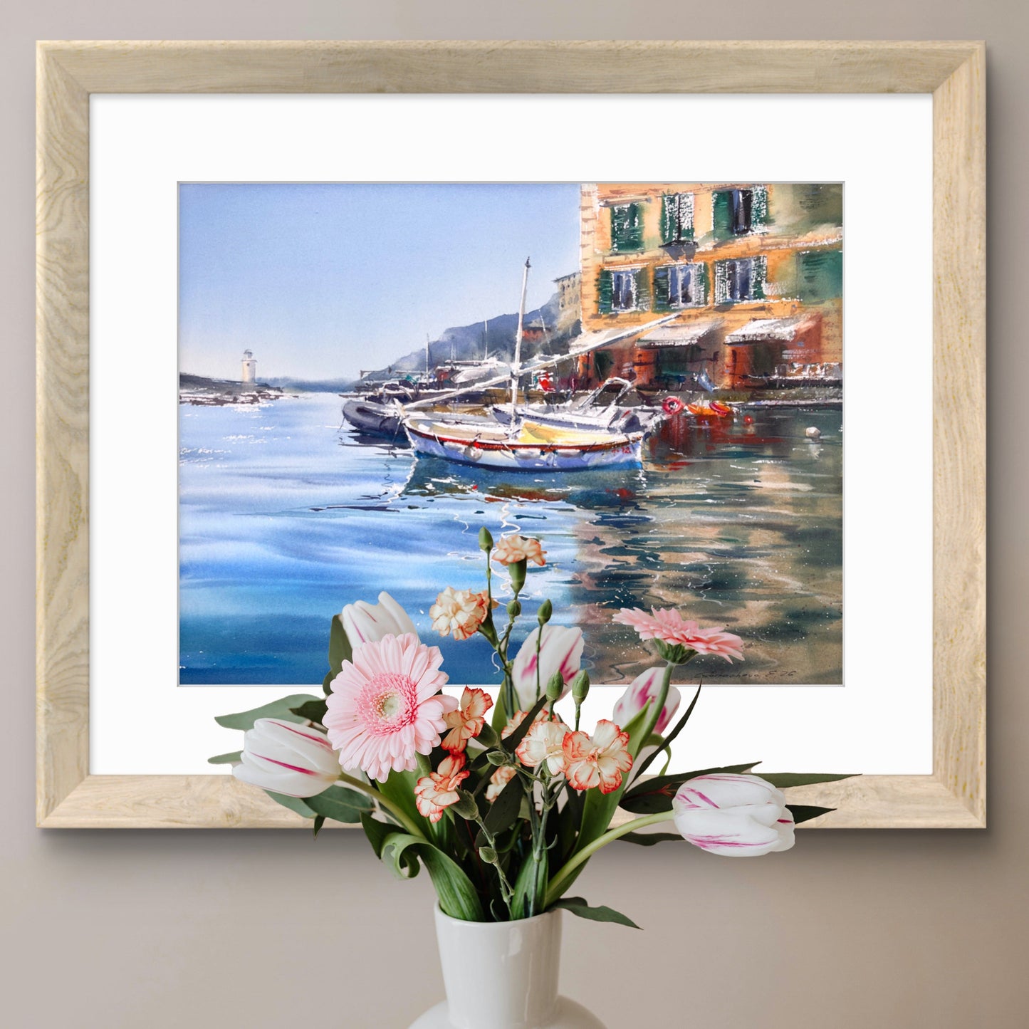 Camogli Harbor Watercolor Painting, Italian Coastal Art, Reflections of Camogli 12x16
