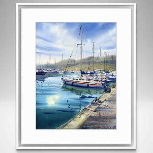 Original Watercolor Painting, Sailboat Marina Art, "Anchored in Silence" - 12 x 16 in
