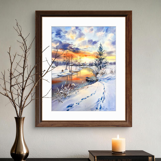Winter River Watercolor Painting, Snowy Landscape Art, Winter's Golden Breath 12x16