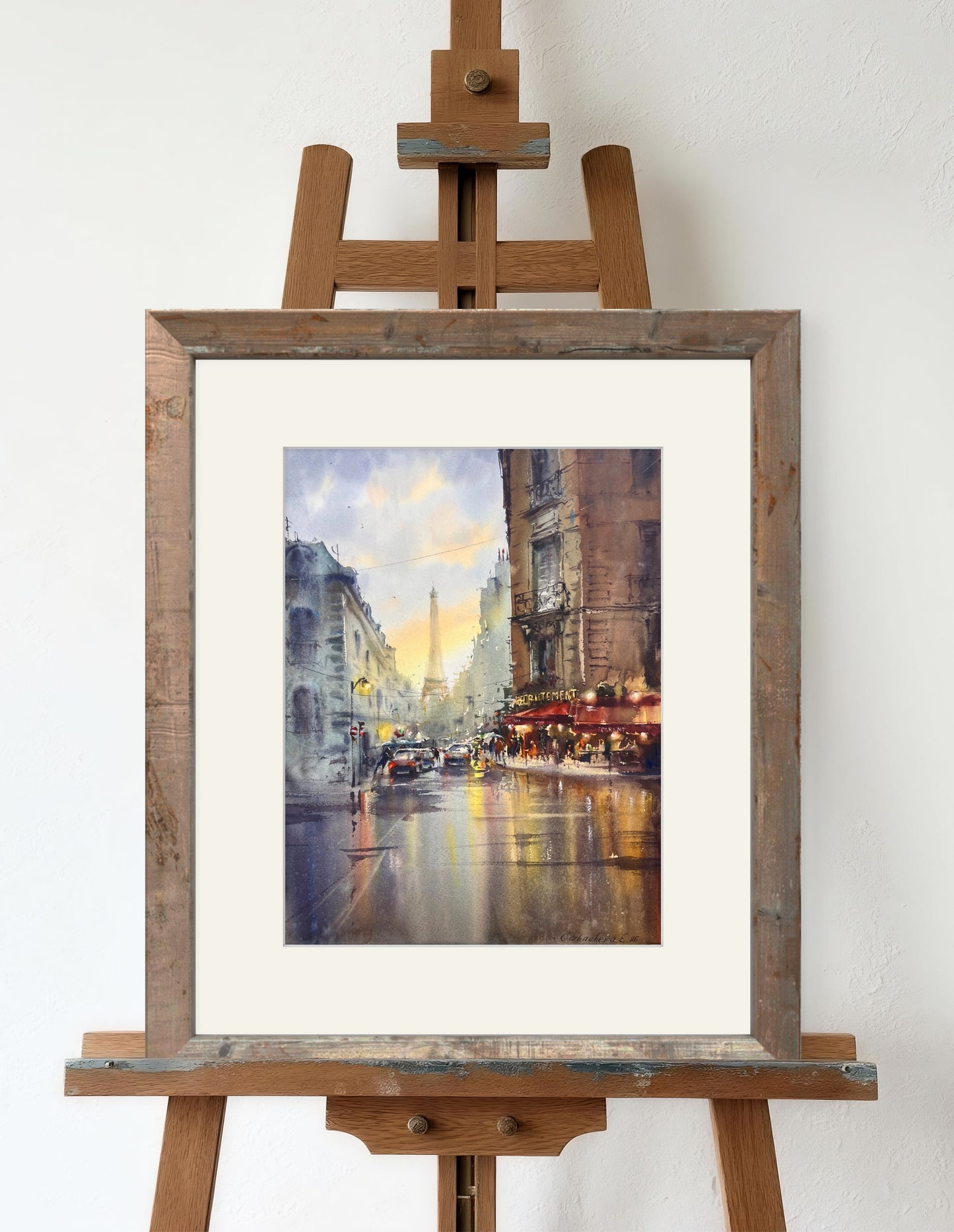 Paris Street Watercolor Painting, Eiffel Tower Art, Paris in Golden Rain 12x16