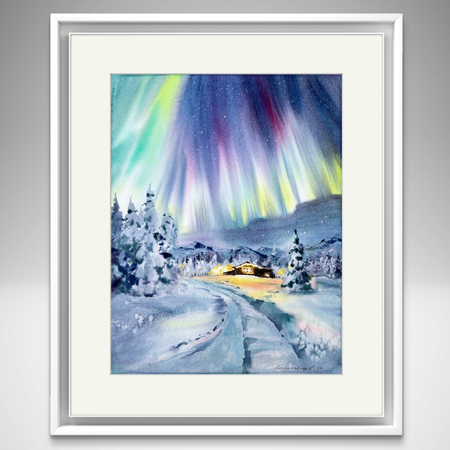 Christmas story #4 - Watercolor Painting, Snowy Nordic Landscape, Stunning Aurora Wall Art, Holiday Gift Idea