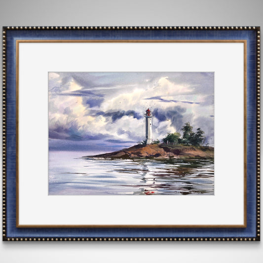 Lighthouse Painting Original, Watercolor Artwork, Coastal Wall Art Decor, Seascape Artwork, Gifts For Men Unique