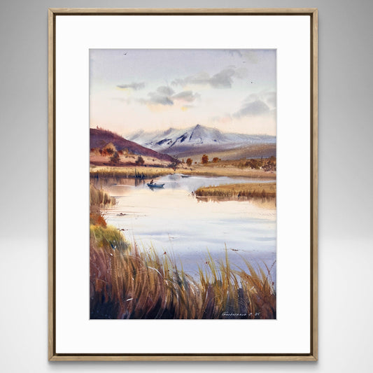 Original Watercolor Marsh Landscape Painting,River Scene with Boat and Mountains,Reflections in a quiet lake 11x16 in
