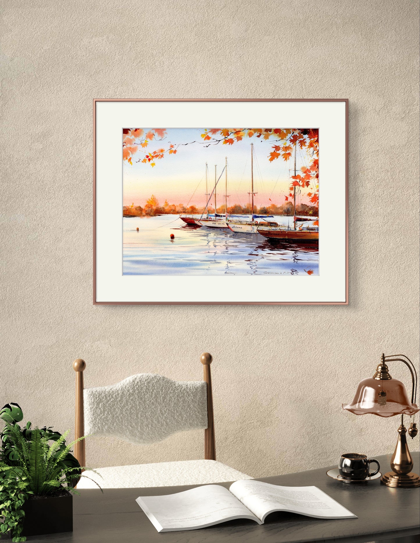 Golden Autumn Yachts Watercolor Original Painting - Marina Scene, 15x20