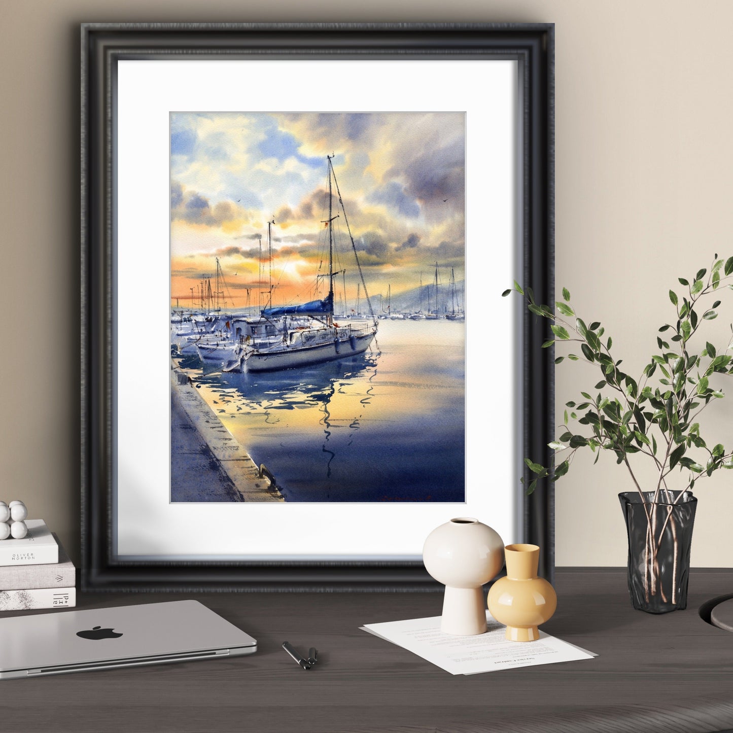 Sailboat Watercolor Painting Original Marina Sunset, Golden Hour at the Pier 12x16