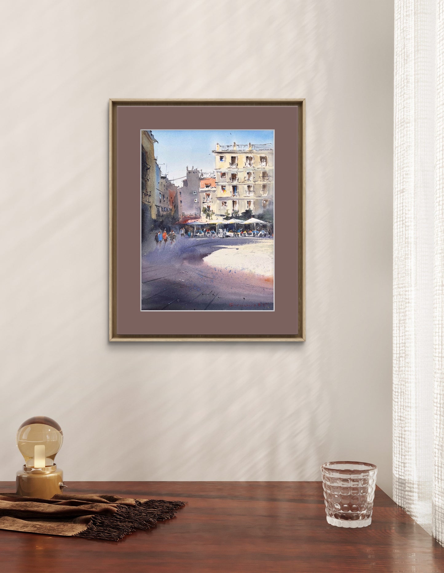 Valencia Sunlit Square – Watercolor Painting – Spain-Inspired Art – Elegant Southern Europe Home Decor