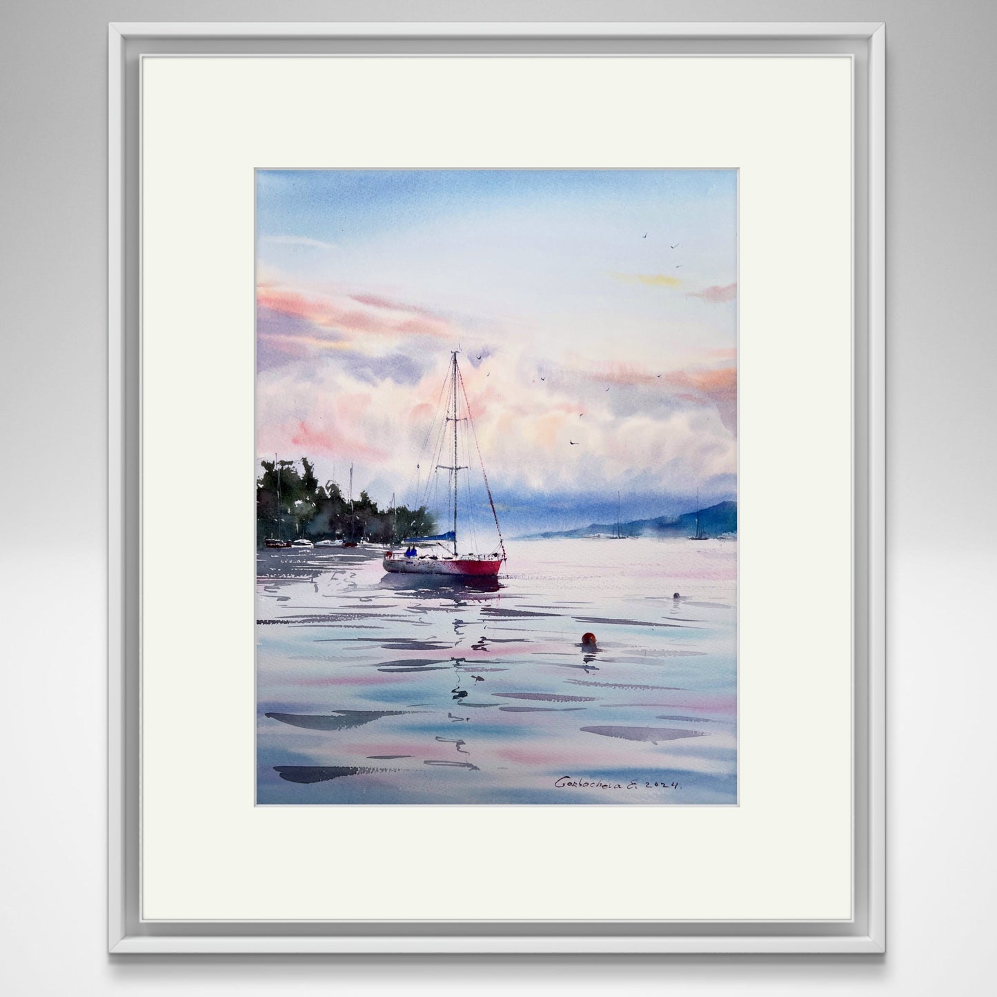 Yacht and Pink Dawn #3 Watercolor Painting - Nautical Wall Decor