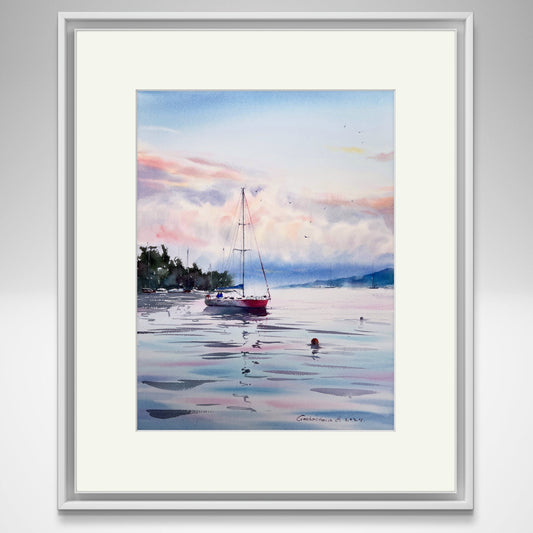 Yacht and Pink Dawn #3 Watercolor Painting - Nautical Wall Decor