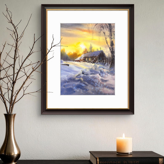 Rustic Winter Sunset Watercolor Painting, Winter's Quiet Embrace 9X12