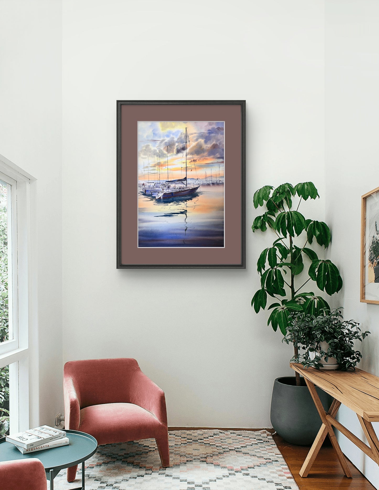 Sailing Boats Watercolor Painting Original Sunset Seascape Wall Art, The Silent Harbor 15x22