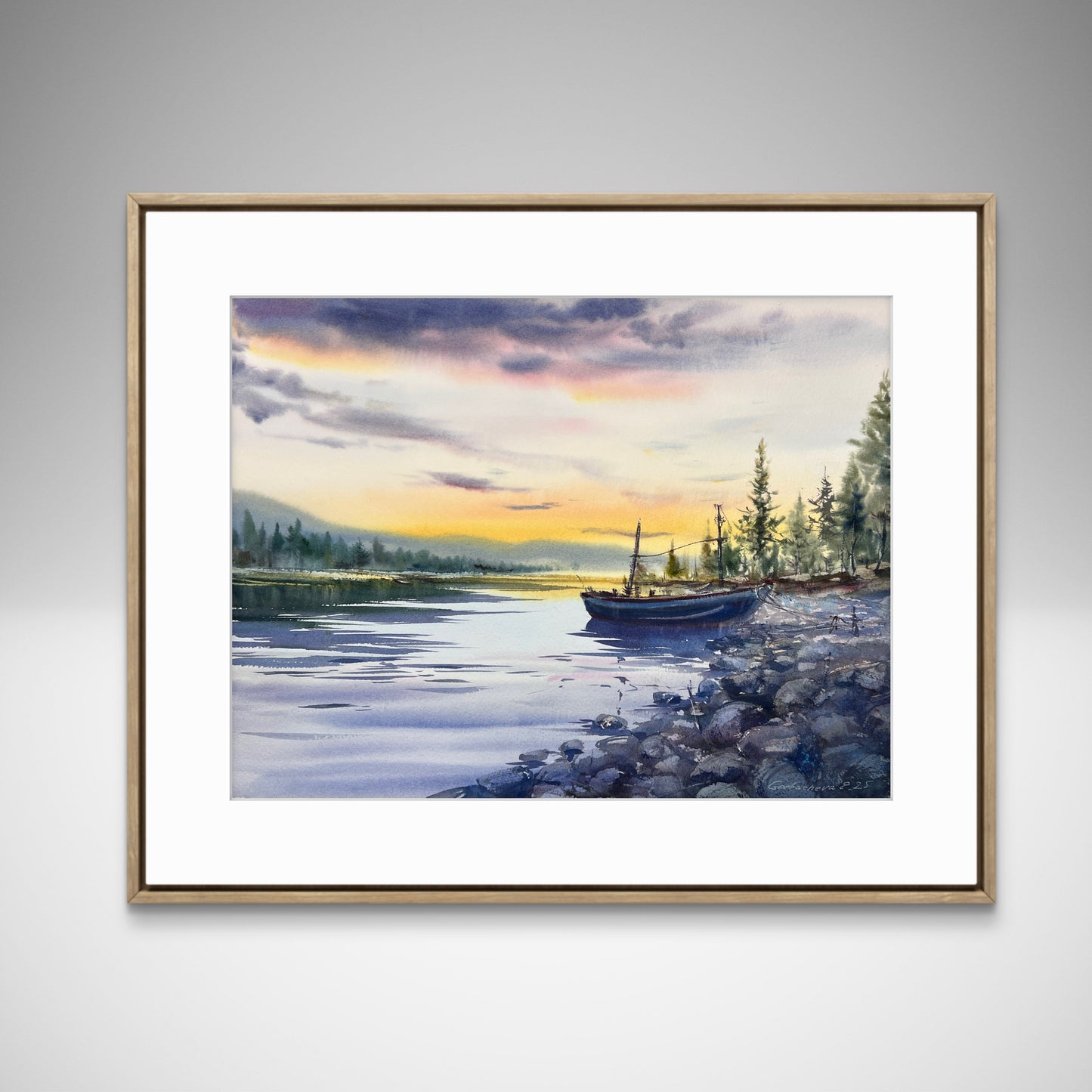 Sunset Lake Watercolor Painting, Original Boat Landscape Art, A lonely boat at sunset  12x16