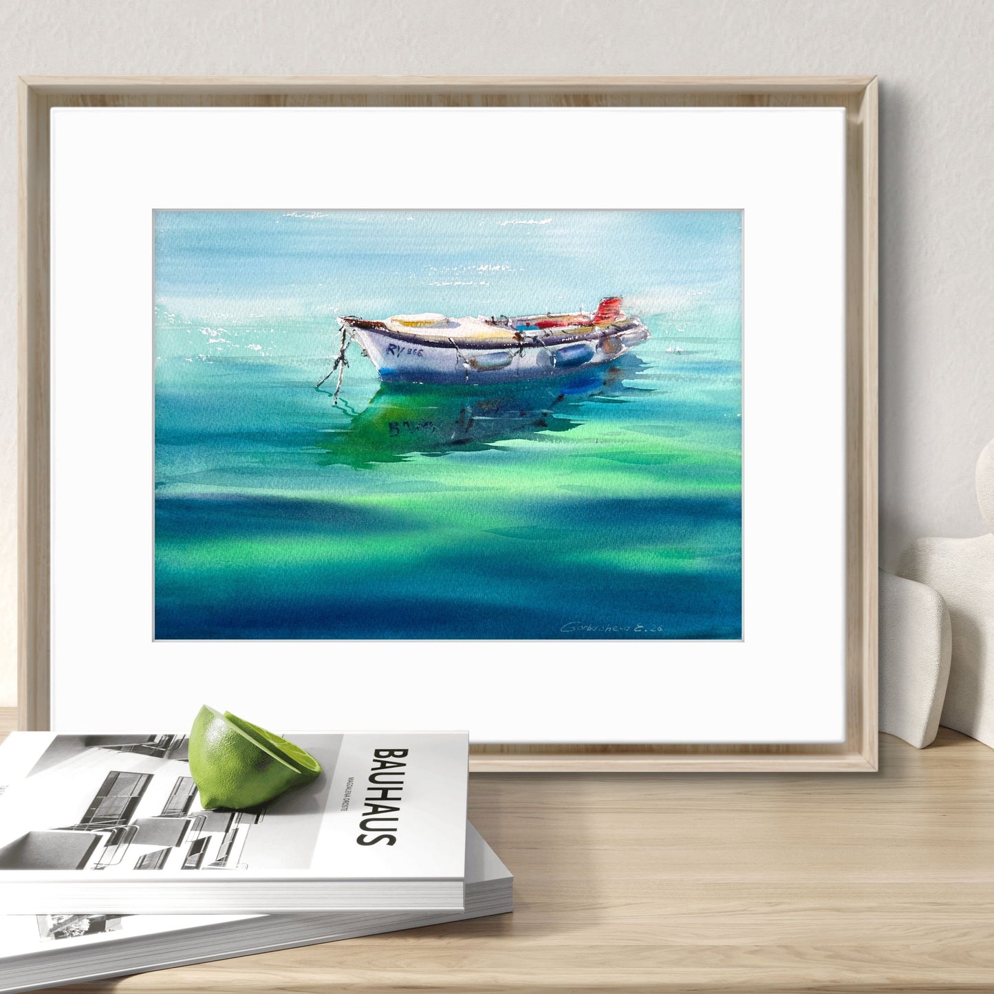 Motorboat Painting Watercolor Original,  Fishing Boat, Boat in the Emerald Silence 9x12