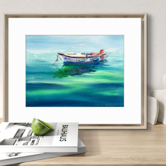 Motorboat Painting Watercolor Original,  Fishing Boat, Boat in the Emerald Silence 9x12